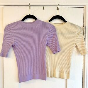 SOLD UNIQLO Pair of Merino Ribbed Short Sleeve Sweaters in Purple and Off White